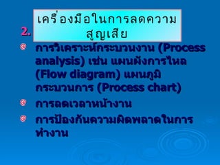 2.  ไม่ใช้  Technology การวิเคราะห์กระบวนงาน  (Process analysis)  เช่น แผนผังการไหล  (Flow diagram)  แผนภูมิกระบวนการ  (Process chart) การลดเวลาหน้างาน การป้องกันความผิดพลาดในการทำงาน เครื่องมือในการลดความสูญเสีย 