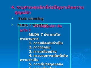 4.  ระบุสาเหตุหลักที่ก่อปัญหาเกิดความสูญเปล่า Brain stroming MUDA 7   ประการ ความสูญเปล่า คือ อะไร  ? MUDA   7  ประเภทในกระบวนการ 1.  การผลิตเกินจำเป็น 2.  การรอคอย 3.  การเคลื่อนย้าย 4.  กระบวนการผลิตที่เกินความจำเป็น 5.  การเก็บวัสดุคงคลัง 6.  การเคลื่อนไหว 7.  การผลิตของเสีย /  Rework 