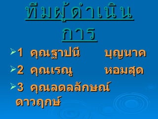 ทีมผู้ดำเนินการ 1  คุณฐาปนี  บุญนาค 2  คุณเรณู  หอมสุด 3  คุณลดลลักษณ์  ดาวฤกษ์ 