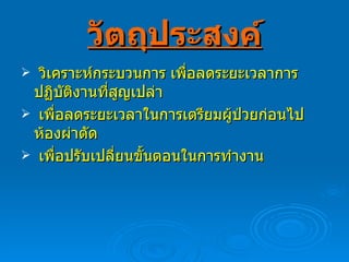 วัตถุประสงค์ วิเคราะห์กระบวนการ เพื่อลดระยะเวลาการปฏิบัติงานที่สูญเปล่า เพื่อลดระยะเวลาในการเตรียมผู้ป่วยก่อนไปห้องผ่าตัด เพื่อปรับเปลี่ยนขั้นตอนในการทำงาน 