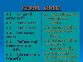 RADAR  CHART A 1  เจ้าหน้าที่พอใจมากขึ้น A 2  ลดระยะเวลา A 3  ลดระยะทาง A 4  ใช้บุคลากรน้อยลง A 5  สัมพันธภาพผู้ป่วยและพยาบาล  ดีขึ้น A 6  ให้การพยาบาลได้มากขึ้น A 7  การทำงานเป็นทีม A =  เจ้าหน้าที่ B 1  ผู้ป่วยมีความคุ้นเคยกับพยาบาล  มากขึ้น B 2  ผู้ป่วยพอใจที่รอคอยในห้องผ่าตัด  น้อยลง B 3  ผู้ป่วยพอใจที่รับการดูแลจาก พยาบาลมากขึ้น B 4  ผู้ป่วย , ญาติได้รับคำแนะนำมากขึ้น B 5  ไม่สับสนในการให้การพยาบาล B =  ผู้ป่วย  +  ญาติ 