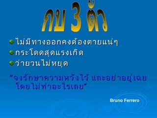 ไม่มีทางออกคงต้องตายแน่ๆ กระโดดสุดแรงเกิด ว่ายวนไม่หยุด “ จงรักษาความหวังไว้ และอย่าอยู่เฉยโดยไม่ทำอะไรเลย” กบ 3 ตัว Bruno Ferrero   
