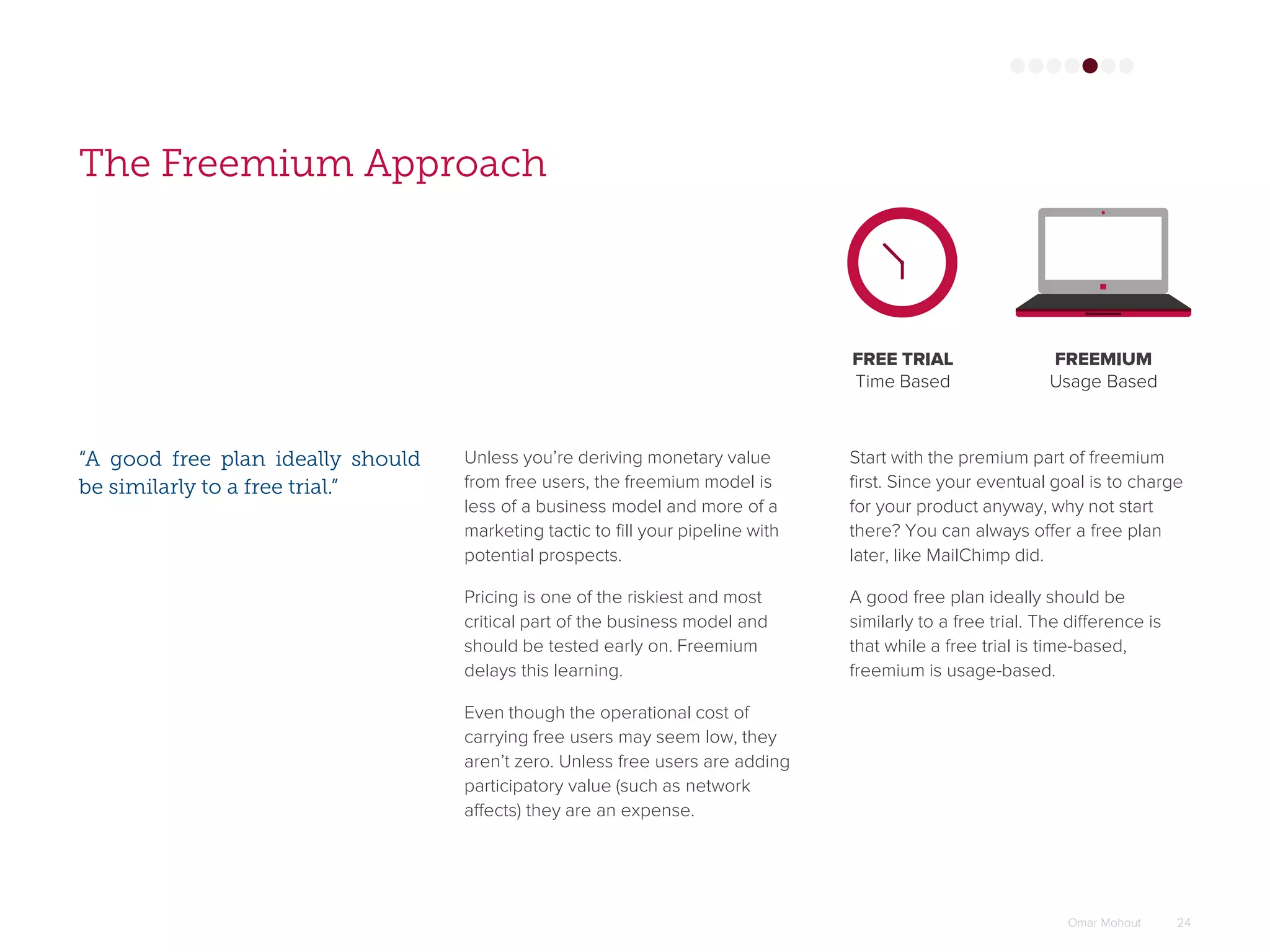 Omar Mohout 24
The Freemium Approach
“A good free plan ideally should
be similarly to a free trial.”
Start with the premium part of freemium
first. Since your eventual goal is to charge
for your product anyway, why not start
there? You can always offer a free plan
later, like MailChimp did.
A good free plan ideally should be
similarly to a free trial. The difference is
that while a free trial is time-based,
freemium is usage-based.
Unless you’re deriving monetary value
from free users, the freemium model is
less of a business model and more of a
marketing tactic to fill your pipeline with
potential prospects.
Pricing is one of the riskiest and most
critical part of the business model and
should be tested early on. Freemium
delays this learning.
Even though the operational cost of
carrying free users may seem low, they
aren’t zero. Unless free users are adding
participatory value (such as network
affects) they are an expense.
FREE TRIAL
Time Based
FREEMIUM
Usage Based
 