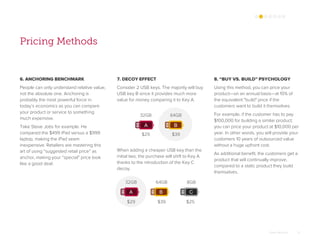 7. DECOY EFFECT
Consider 2 USB keys. The majority will buy
USB key B since it provides much more
value for money comparing it to Key A.
When adding a cheaper USB key than the
initial two, the purchase will shift to Key A
thanks to the introduction of the Key C
decoy.
Omar Mohout 12
Pricing Methods
8. “BUY VS. BUILD” PSYCHOLOGY
Using this method, you can price your
product—on an annual basis—at 10% of
the equivalent "build" price if the
customers want to build it themselves.
For example, if the customer has to pay
$100,000 for building a similar product,
you can price your product at $10,000 per
year. In other words, you will provide your
customers 10 years of outsourced value
without a huge upfront cost.
As additional benefit, the customers get a
product that will continually improve,
compared to a static product they build
themselves.
6. ANCHORING BENCHMARK
People can only understand relative value,
not the absolute one. Anchoring is
probably the most powerful force in
today’s economics as you can compare
your product or service to something
much expensive.
Take Steve Jobs for example. He
compared the $499 iPad versus a $999
laptop, making the iPad seem
inexpensive. Retailers are mastering this
art of using “suggested retail price” as
anchor, making your “special” price look
like a good deal.
A B
32GB
$29 $39
64GB
A B C
32GB
$29 $39
64GB 8GB
$25
 