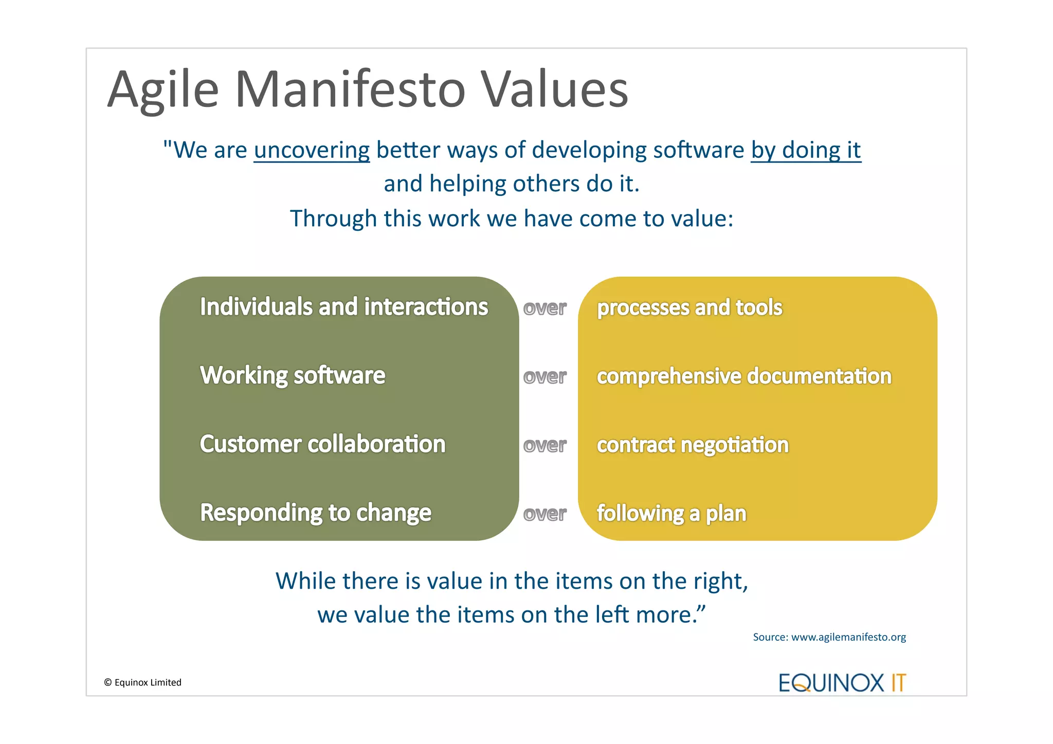 Agile	
  Manifesto	
  Values	
  




©	
  Equinox	
  Limited	
  
 