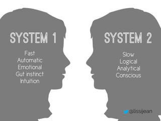 @lissijean
System 1
Fast
Automatic
Emotional
Gut instinct
Intuition
System 2
Slow
Logical
Analytical
Conscious
 