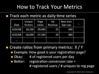 How	
  to	
  Track	
  Your	
  Metrics
	
  
n 

Track	
  each	
  metric	
  as	
  daily	
  7me	
  series	
  
	
  
Date	
  
...
