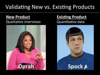 Valida7ng	
  New	
  vs.	
  Exis7ng	
  Products
	
  
New	
  Product	
  

Qualita7ve	
  interviews	
  

Oprah	
  

Exis0ng	
...
