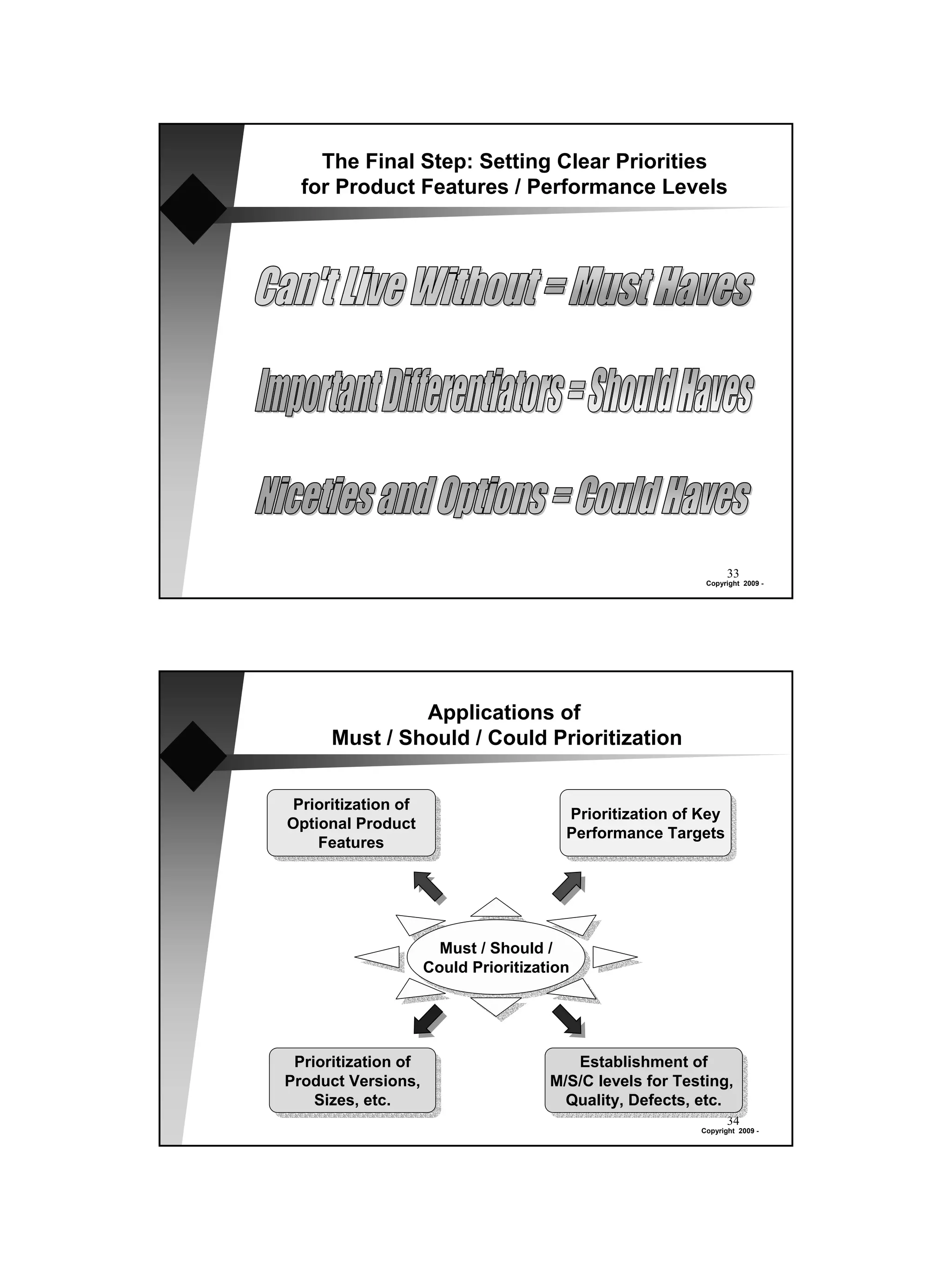 The Final Step: Setting Clear Priorities
  for Product Features / Performance Levels




                                                                 33
                                                           Copyright 2009 -




               Applications of
      Must / Should / Could Prioritization


Prioritization of
                                        Prioritization of Key
Optional Product
                                        Performance Targets
    Features




                       Must / Should /
                     Could Prioritization




 Prioritization of                       Establishment of
Product Versions,                     M/S/C levels for Testing,
    Sizes, etc.                         Quality, Defects, etc.
                                                                 34
                                                          Copyright 2009 -
 