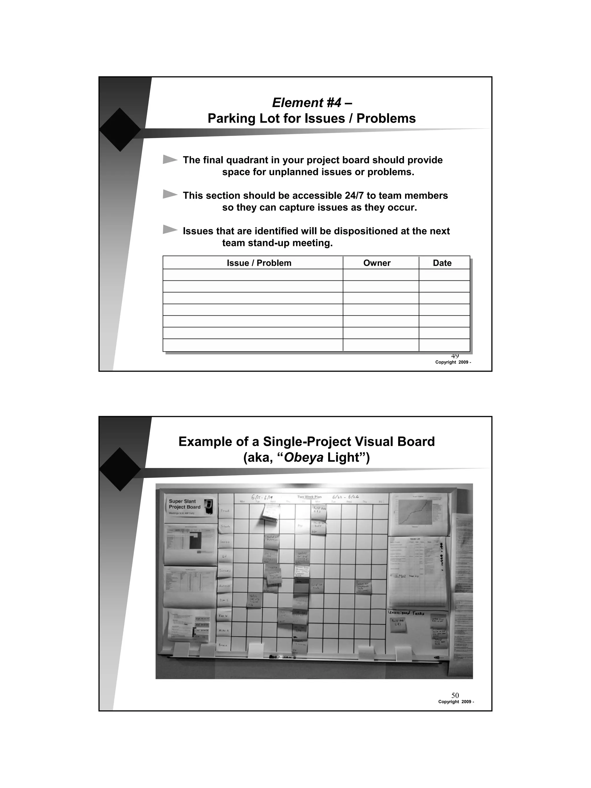 Element #4 –
     Parking Lot for Issues / Problems


The final quadrant in your project board should provide
         space for unplanned issues or problems.

This section should be accessible 24/7 to team members
        so they can capture issues as they occur.

Issues that are identified will be dispositioned at the next
        team stand-up meeting.

         Issue / Problem                Owner           Date




                                                               49
                                                        Copyright 2009 -




Example of a Single-Project Visual Board
         (aka, “Obeya Light”)




                                                               50
                                                         Copyright 2009 -
 