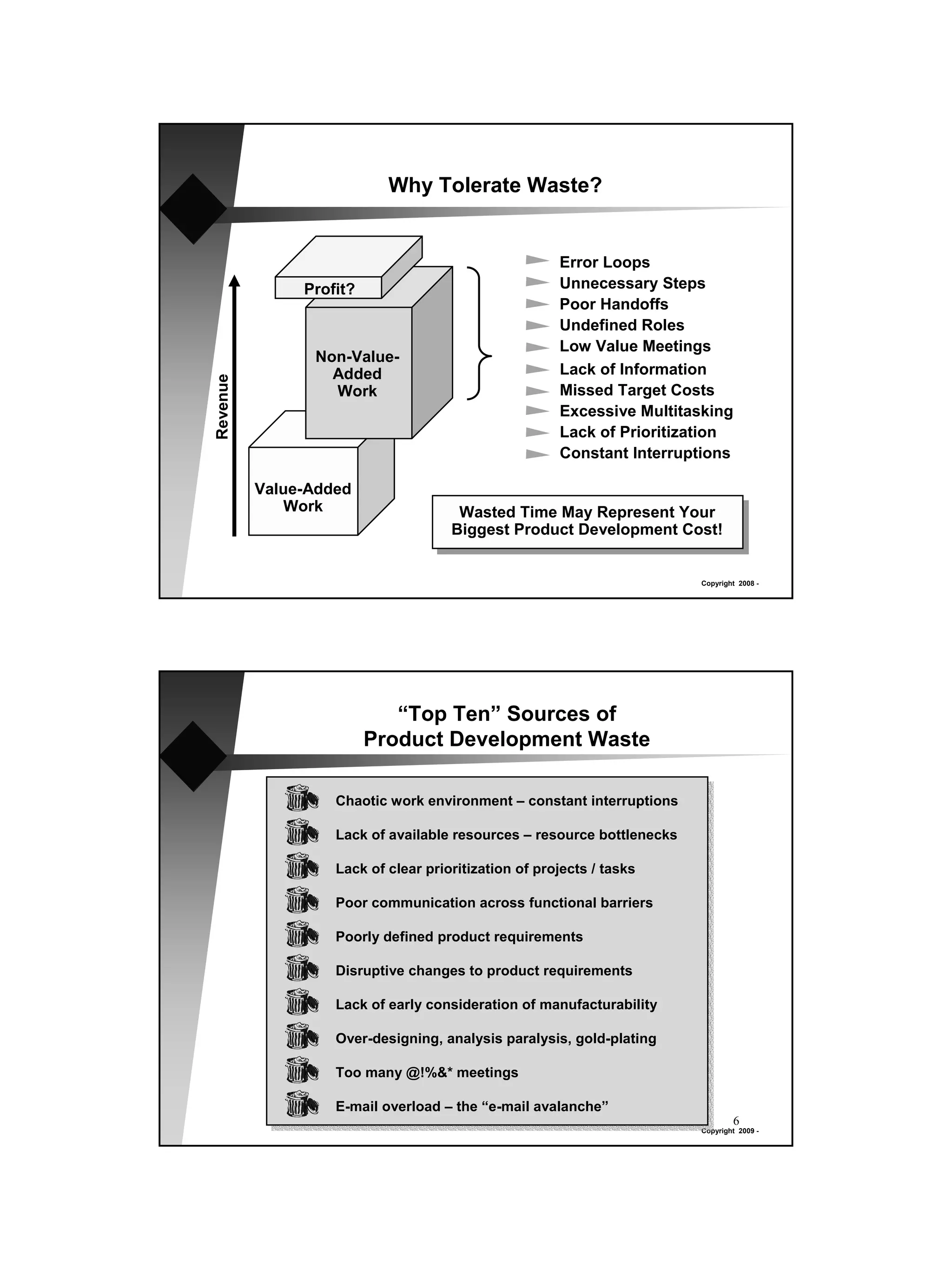Why Tolerate Waste?


                                                      Error Loops
               Profit?                                Unnecessary Steps
                                                      Poor Handoffs
                                                      Undefined Roles
                                                      Low Value Meetings
                Non-Value-
                  Added                               Lack of Information
Revenue




                  Work                                Missed Target Costs
                                                      Excessive Multitasking
                                                      Lack of Prioritization
                                                      Constant Interruptions

          Value-Added
             Work                     Wasted Time May Represent Your
                                     Biggest Product Development Cost!


                                                                        Copyright 2008 -




                            “Top Ten” Sources of
                         Product Development Waste

                   Chaotic work environment – constant interruptions

                   Lack of available resources – resource bottlenecks

                   Lack of clear prioritization of projects / tasks

                   Poor communication across functional barriers

                   Poorly defined product requirements

                   Disruptive changes to product requirements

                   Lack of early consideration of manufacturability

                   Over-designing, analysis paralysis, gold-plating

                   Too many @!%&* meetings

                   E-mail overload – the “e-mail avalanche”
                                                                                6
                                                                        Copyright 2009 -
 