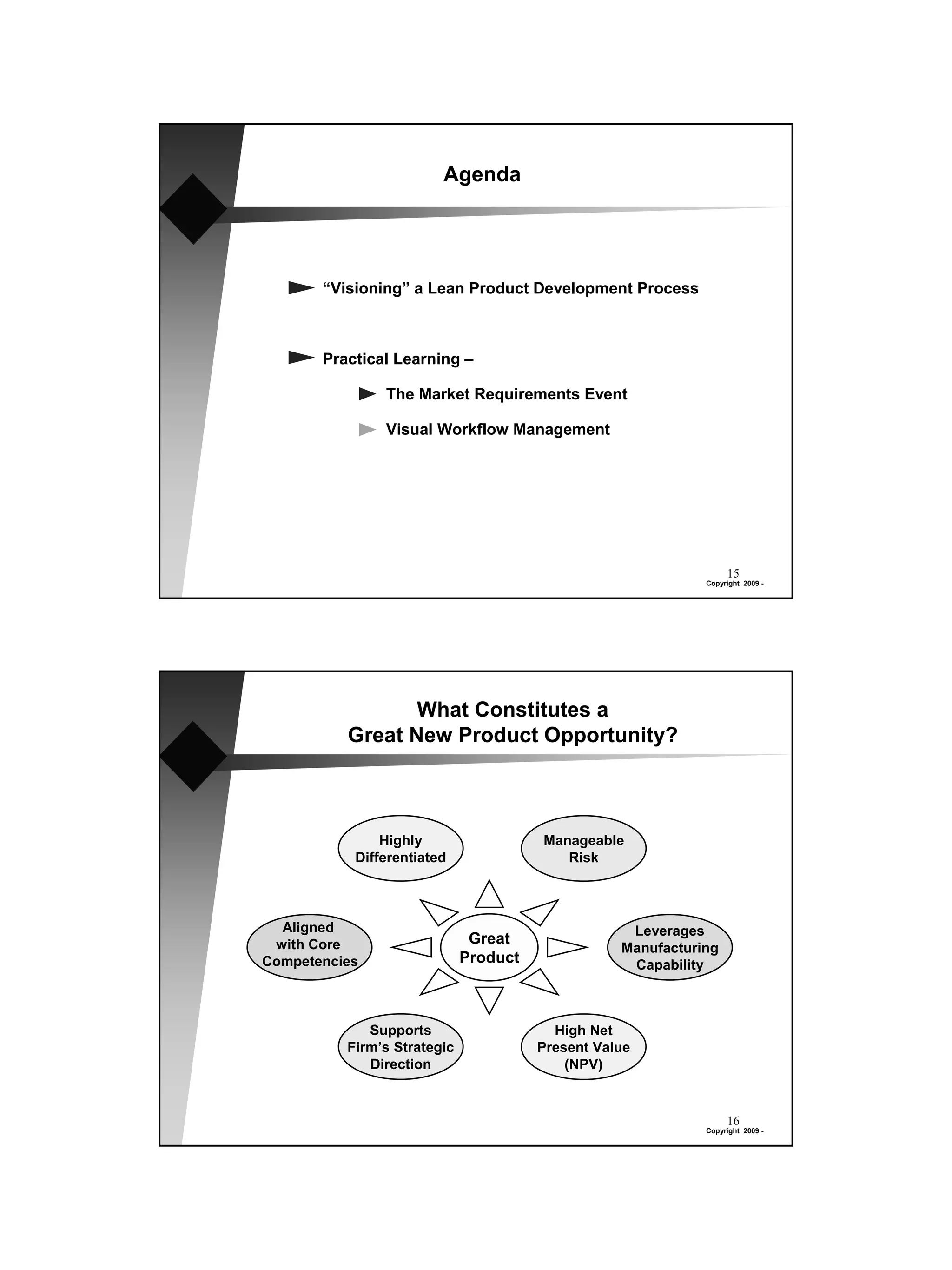 Agenda




       “Visioning” a Lean Product Development Process



       Practical Learning –

               The Market Requirements Event

               Visual Workflow Management




                                                                  15
                                                             Copyright 2009 -




                 What Constitutes a
          Great New Product Opportunity?



               Highly                  Manageable
           Differentiated                 Risk



  Aligned                                          Leverages
 with Core                    Great
                                                  Manufacturing
Competencies                 Product               Capability



             Supports                    High Net
          Firm’s Strategic             Present Value
             Direction                     (NPV)


                                                                  16
                                                             Copyright 2009 -
 