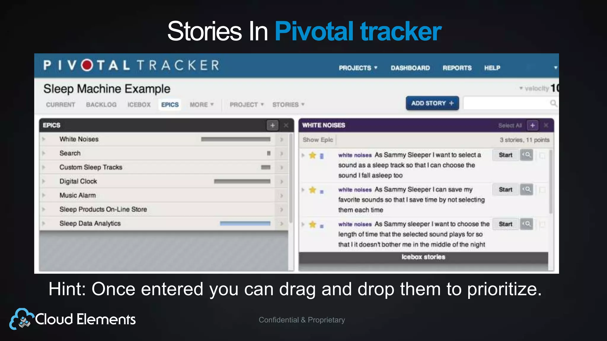 Confidential & Proprietary
Stories In Pivotal tracker
Hint: Once entered you can drag and drop them to prioritize.
 