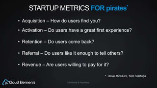 Confidential & Proprietary
STARTUP METRICS FOR pirates*
• Acquisition – How do users find you?
• Activation – Do users have a great first experience?
• Retention – Do users come back?
• Referral – Do users like it enough to tell others?
• Revenue – Are users willing to pay for it?
* Dave McClure, 500 Startups
 