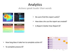 Analytics
Actions speak louder than words
• Do users find this report useful?
• How does she use the report we created?
• Is Report A better than Report B?
• How long does it take her to complete action A?
• To complete process B?