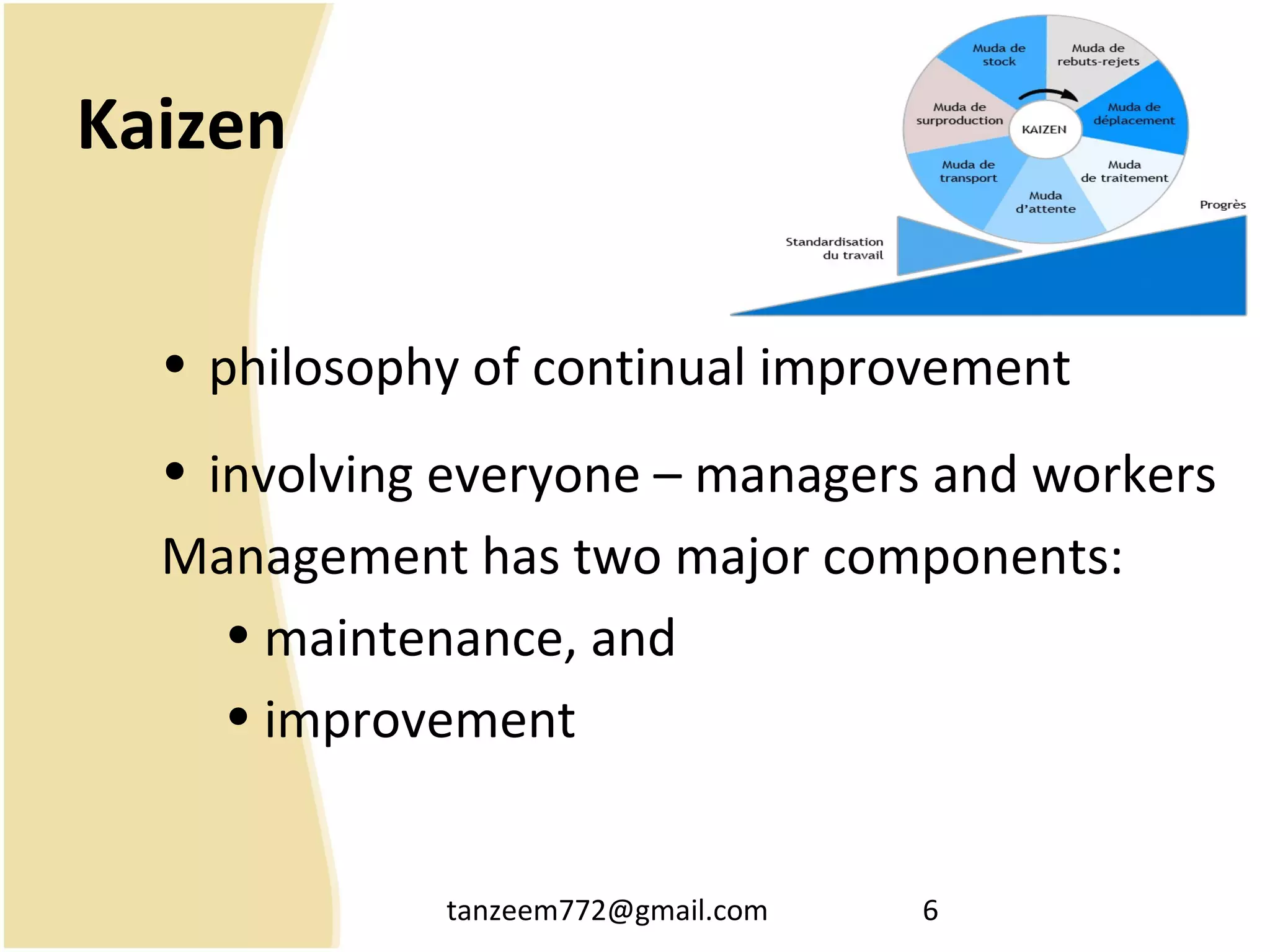 tanzeem772@gmail.com 6
Kaizen
• philosophy of continual improvement
• involving everyone – managers and workers
Management has two major components:
• maintenance, and
• improvement
 