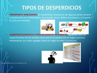 TIPOS DE DESPERDICIOS
TRANSPORTE INNECESARIO: El movimiento innecesario de algunas partes durante
la producción es un desperdicio. Esto puede causar daños al producto o a la parte,
lo cual crea retrabajo.
•
• SOBREPROCESAMIENTO O PROCESAMIENTO INCORRECTO: No tener claro los
requerimientos de los clientes causa que en la producción se hagan procesos
innecesarios, los cuales agregan costos en lugar de valor al producto.
Fotografía tomada de accionesdebolsa.com
 