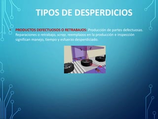 TIPOS DE DESPERDICIOS
• PRODUCTOS DEFECTUOSOS O RETRABAJOS: Producción de partes defectuosas.
Reparaciones o retrabajo, scrap, reemplazos en la producción e inspección
significan manejo, tiempo y esfuerzo desperdiciado.
 