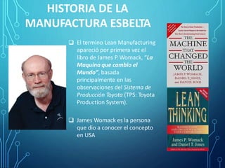 HISTORIA DE LA
MANUFACTURA ESBELTA
 El termino Lean Manufacturing
apareció por primera vez el
libro de James P. Womack, “La
Maquina que cambio el
Mundo”, basada
principalmente en las
observaciones del Sistema de
Producción Toyota (TPS: Toyota
Production System).
 James Womack es la persona
que dio a conocer el concepto
en USA
 