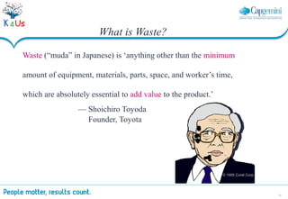 10
Waste (“muda” in Japanese) is ‘anything other than the minimum
amount of equipment, materials, parts, space, and worker’s time,
which are absolutely essential to add value to the product.’
— Shoichiro Toyoda
Founder, Toyota
© 1995 Corel Corp.
What is Waste?
 