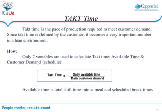 20
Takt time is the pace of production required to meet customer demand.
Since takt time is defined by the customer, it becomes a very important number
in a lean environment.
How:
Only 2 variables are used to calculate Takt time: Available Time &
Customer Demand (schedule):
Available time is total shift time minus meal and scheduled break times
TAKT Time
 