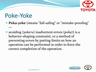Poke-Yoke
 Poka-yoke (means "fail-safing" or "mistake-proofing"
—
 avoiding (yokeru) inadvertent errors (poka)) is a
behavior-shaping constraint, or a method of
preventing errors by putting limits on how an
operation can be performed in order to force the
correct completion of the operation.
www.a2zmba.com
 