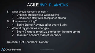 Confidential & Proprietary
AGILE MVP PLANNING
8. What should we work on next?
 Organize stories into 2-Week Sprints
 Groom each story with acceptance criteria
9. How are we doing?
 Sprint Demo Reviews after every Sprint
10. What if my priorities change?
 Every 2 weeks prioritize stories for the next sprint
 Take into account market feedback
Release, Get Feedback, Repeat
 