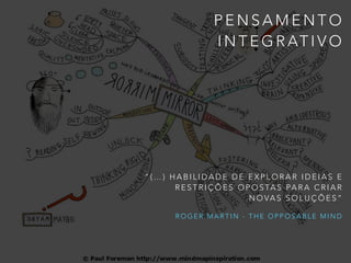 P E N S A M E N T O
I N T E G R AT I V O
" ( … ) H A B I L I D A D E D E E X P L O R A R I D E I A S E
R E S T R I Ç Õ E S O P O S TA S PA R A C R I A R
N O VA S S O L U Ç Õ E S ”
R O G E R M A R T I N - T H E O P P O S A B L E M I N D
 