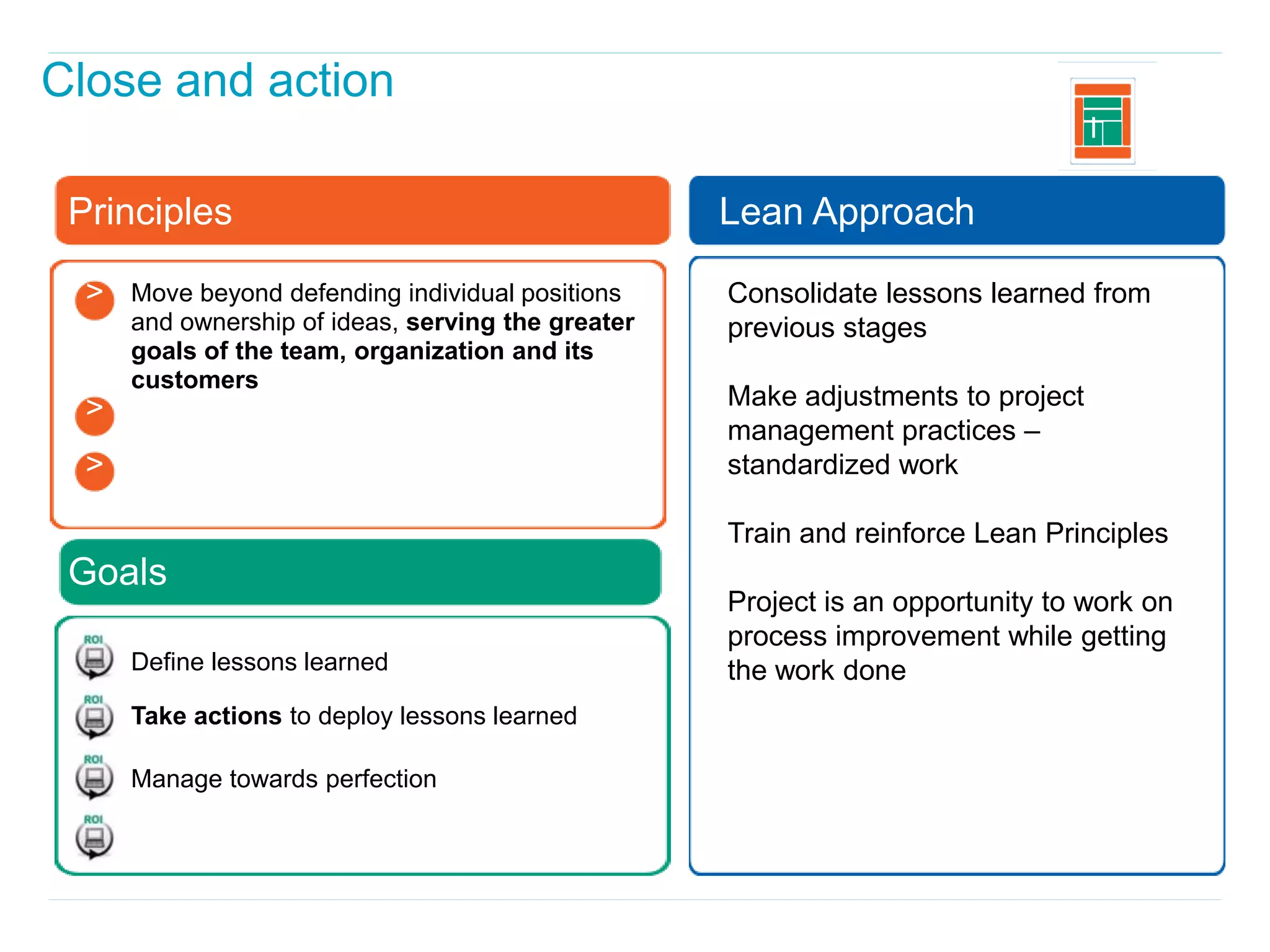 Close and action
                                                                                  I


 Principles                                         Lean Approach

  >   Move beyond defending individual positions    Consolidate lessons learned from
      and ownership of ideas, serving the greater   previous stages
  >   goals of the team, organization and its
      customers
  >                                                 Make adjustments to project
                                                    management practices –
  >                                                 standardized work

                                                    Train and reinforce Lean Principles
 Goals
                                                    Project is an opportunity to work on
                                                    process improvement while getting
      Define lessons learned                        the work done
      Take actions to deploy lessons learned

      Manage towards perfection
 