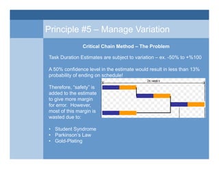 Principle #5 – Manage Variation
Critical Chain Method – The Problem
Task Duration Estimates are subject to variation – ex....