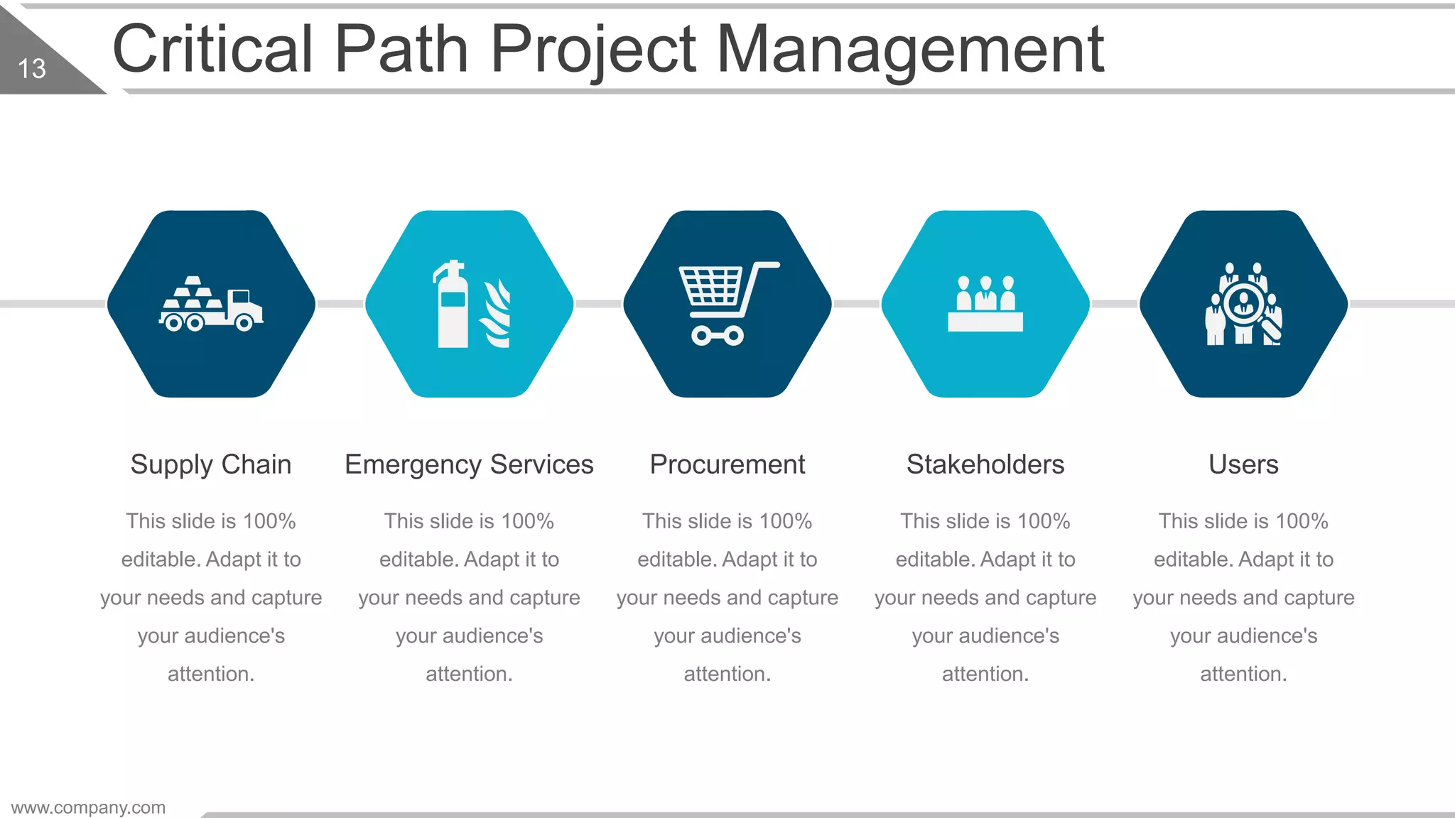 Critical Path Project Management
Supply Chain
This slide is 100%
editable. Adapt it to
your needs and capture
your audience's
attention.
Emergency Services
This slide is 100%
editable. Adapt it to
your needs and capture
your audience's
attention.
Procurement
This slide is 100%
editable. Adapt it to
your needs and capture
your audience's
attention.
Stakeholders
This slide is 100%
editable. Adapt it to
your needs and capture
your audience's
attention.
Users
This slide is 100%
editable. Adapt it to
your needs and capture
your audience's
attention.
www.company.com
13
 