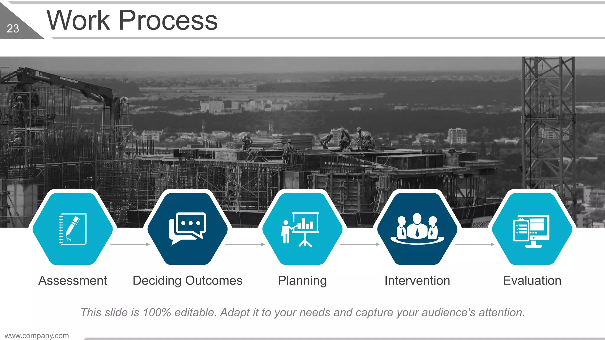 Assessment Deciding Outcomes Planning Intervention Evaluation
www.company.com
23 Work Process
This slide is 100% editable. Adapt it to your needs and capture your audience's attention.
 