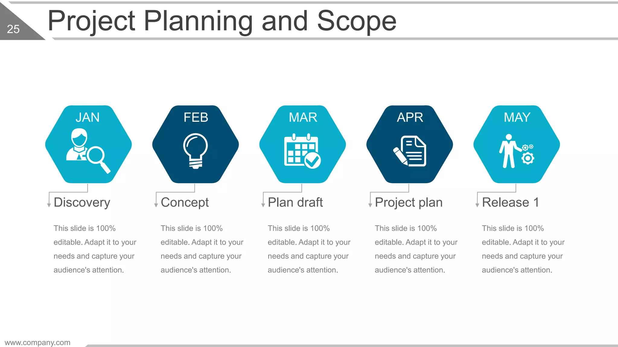 Project Planning and Scope
This slide is 100%
editable. Adapt it to your
needs and capture your
audience's attention.
JAN
Discovery
This slide is 100%
editable. Adapt it to your
needs and capture your
audience's attention.
Concept
FEB
This slide is 100%
editable. Adapt it to your
needs and capture your
audience's attention.
Plan draft
MAR
This slide is 100%
editable. Adapt it to your
needs and capture your
audience's attention.
Project plan
APR
This slide is 100%
editable. Adapt it to your
needs and capture your
audience's attention.
Release 1
MAY
www.company.com
25
 