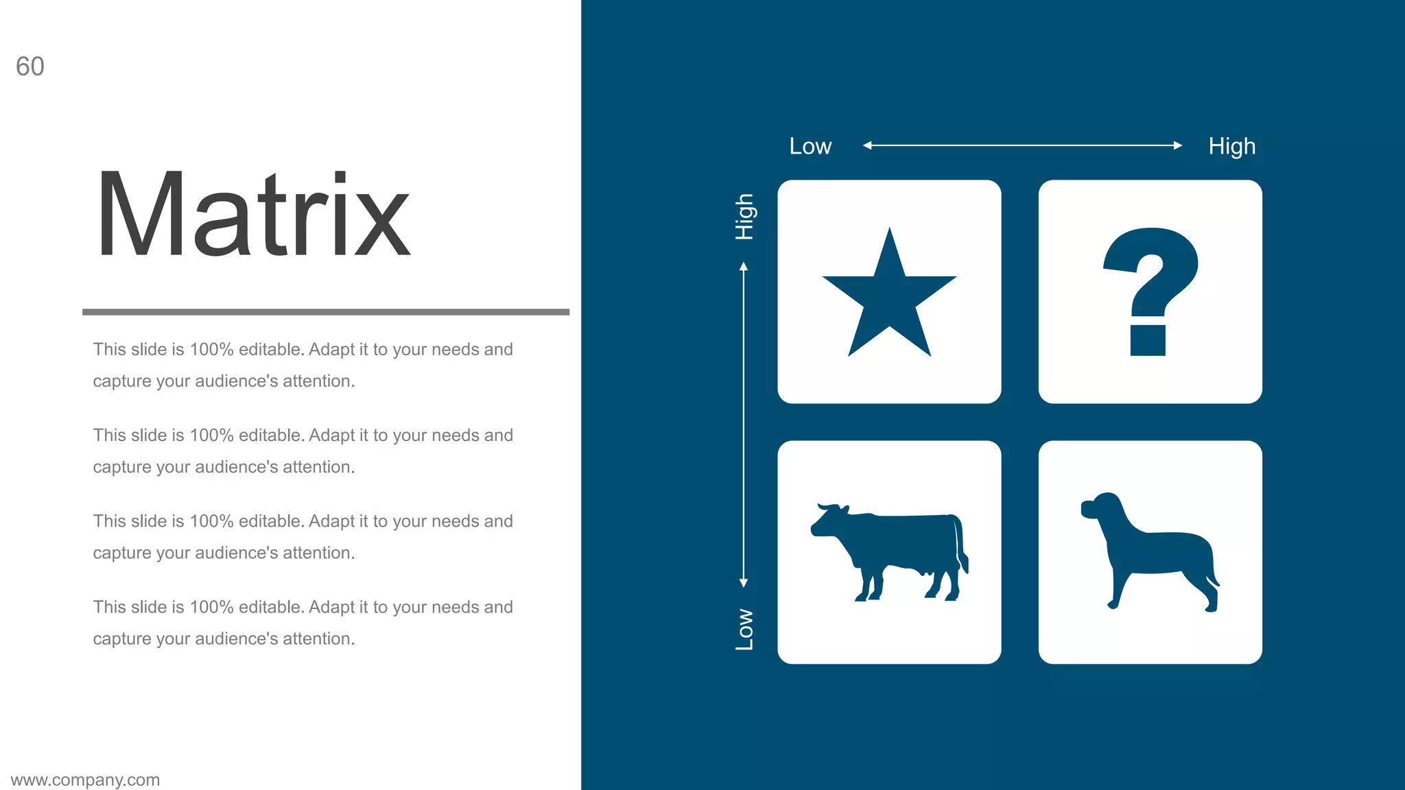 This slide is 100% editable. Adapt it to your needs and
capture your audience's attention.
Matrix
This slide is 100% editable. Adapt it to your needs and
capture your audience's attention.
This slide is 100% editable. Adapt it to your needs and
capture your audience's attention.
This slide is 100% editable. Adapt it to your needs and
capture your audience's attention.
LowHigh
Low High
www.company.com
60
 