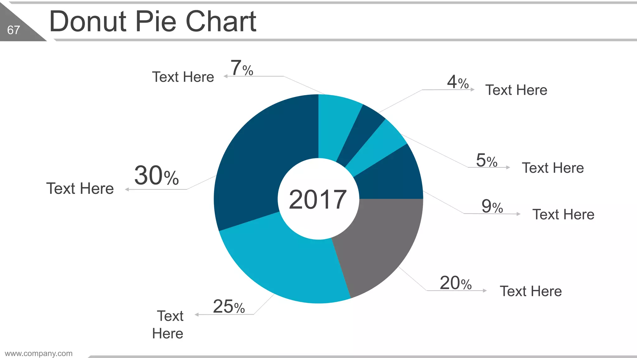 Donut Pie Chart
www.company.com
67
Text Here
Text
Here
Text Here
Text Here
Text Here
Text Here
Text Here
2017
25%
20%
9%
4%
7%
5%
30%
 