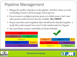 Pipeline Management
  Manage the number of projects in the pipeline and their release to avoid
   overloading resources and increasing work in process
  Focus resources on highest priority projects to finish sooner; don’t start
   other projects until resources become available. Use DRUM
  Project start dates and completion dates should not be bunched together -a
   steady flow (and constant “new news” to the market) and not a log jam
  Use your Drum resources and build you Drum Schedule

                Project 1
    Project 2               Project 6
                Project 3                      Project 2           Project 4           Pj. 7
         Project 4               Project 7            Project 1            Project 5
                Project 5                              Project 3               Project 6



                            PMI Dade Dinner Meeting
 