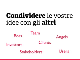 Condividere le vostre
idee con gli altri
Team
Stakeholders Users
Angels
Investors Clients
Boss
 