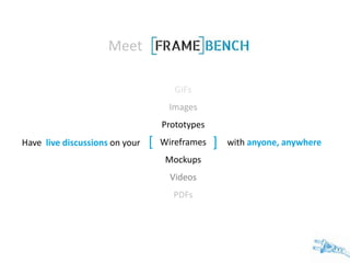 Meet
GIFs

Images
Prototypes
Have live discussions on your

[

Wireframes
Mockups
Videos
PDFs

]

with anyone, anywhere

 