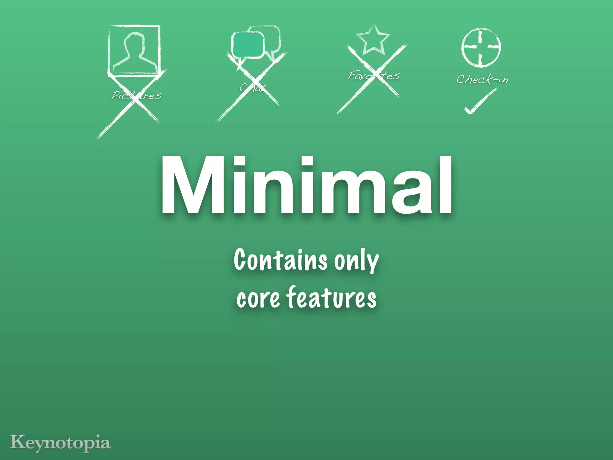 Favorites   Check-in
           Chat
Pictures




       Minimal
           Contains only
           core features
 