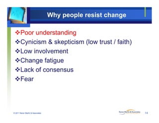 Why people resist change
Poor understanding
Cynicism & skepticism (low trust / faith)
Low involvement
Change fatigue
Lack of consensusLack of consensus
Fear
© 2011 Karen Martin & Associates 14
 