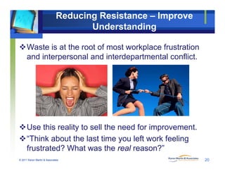 Reducing Resistance – Improve
Understanding
Waste is at the root of most workplace frustration
d i t l d i t d t t l fli tand interpersonal and interdepartmental conflict.
Use this reality to sell the need for improvement.
“Think about the last time you left work feeling
© 2011 Karen Martin & Associates
y g
frustrated? What was the real reason?”
20
 