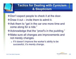 Tactics for Dealing with Cynicism
& Skepticism
Don’t expect people to check it at the door.
Draw it out – invite them to admit it.
Ask them to “get in the car one more time and
come along for a ride.”
Acknowledge that the “proof’s in the pudding.”
Make sure all changes are improvements and
not merely changes.
f ’ ’ If it doesn’t improve the worker’s ability to be
successful, it’s merely change.
© 2011 Karen Martin & Associates 26
 