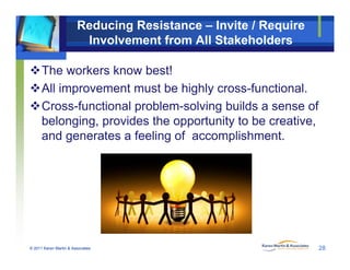 Reducing Resistance – Invite / Require
Involvement from All Stakeholders
The workers know best!
All i t t b hi hl f ti lAll improvement must be highly cross-functional.
Cross-functional problem-solving builds a sense of
b l i id th t it t b tibelonging, provides the opportunity to be creative,
and generates a feeling of accomplishment.
© 2011 Karen Martin & Associates 28
 