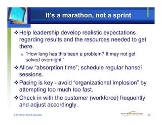 It’s a marathon, not a sprint
Help leadership develop realistic expectations
regarding results and the resources needed to getregarding results and the resources needed to get
there.
 “How long has this been a problem? It may not get How long has this been a problem? It may not get
solved overnight.”
Allow “absorption time”; schedule regular hanseip g
sessions.
Pacing is key - avoid “organizational implosion” by
attempting too much too fast.
Check in with the customer (workforce) frequently
© 2011 Karen Martin & Associates
and adjust accordingly.
34
 