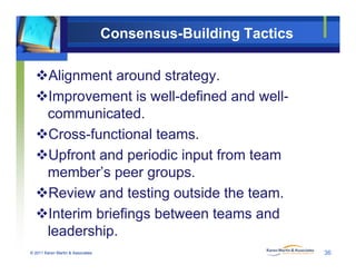 Consensus-Building Tactics
Alignment around strategy.
Improvement is well-defined and well-
communicated.
Cross-functional teams.
Upfront and periodic input from teamUpfront and periodic input from team
member’s peer groups.
R i d t ti t id th tReview and testing outside the team.
Interim briefings between teams and
© 2011 Karen Martin & Associates
leadership.
36
 