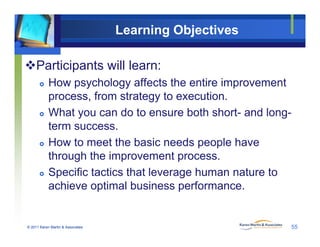 Learning Objectives
Participants will learn:
 How psychology affects the entire improvement
process, from strategy to execution.
 What you can do to ensure both short- and long-
term success.
H t t th b i d l h How to meet the basic needs people have
through the improvement process.
Specific tactics that leverage human nature to Specific tactics that leverage human nature to
achieve optimal business performance.
© 2011 Karen Martin & Associates 55
 
