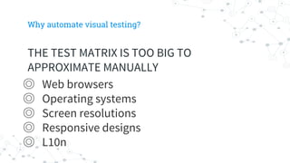 Why automate visual testing?
THE TEST MATRIX IS TOO BIG TO
APPROXIMATE MANUALLY
◎ Web browsers
◎ Operating systems
◎ Screen resolutions
◎ Responsive designs
◎ L10n
 