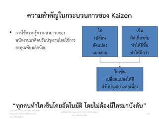 ความสาคัญในกระบวนการของ Kaizen
• การใช้ความรู้ความสามารถของ
พนักงานมาคิดปรับปรุงงานโดยใช้การ
ลงทุนเพียงเล็กน้อย
125
“ทุกคนทาไคเซ็นโดยอัตโนมัติ โดยไม่ต้องมีใครมาบังคับ”
ไค
เปลี่ยน
ดัดแปลง
แยกส่วน
เซ็น
คิดเกี่ยวกับ
ทำให้ดีขึ้น
ทำให้ดีกว่ำ
ไคเซ็น
เปลี่ยนแปลงให้ดี
ปรับปรุงอย่ำงต่อเนื่อง
วศ.สิริพงศ์ จึงถาวรรณ, ACPE, CSCP, EPPM, QBAC+
M/L: 095-624-2449
Copyright © 2015, all rights reserved.
Doing LESS Getting MORE (DLGM)
บจก. ทาน้อยได้มาก
 