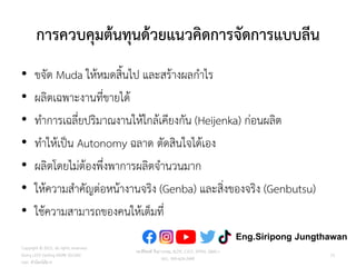 การควบคุมต้นทุนด้วยแนวคิดการจัดการแบบลีน
• ขจัด Muda ให้หมดสิ้นไป และสร้างผลกาไร
• ผลิตเฉพาะงานที่ขายได้
• ทาการเฉลี่ยปริมาณงานให้ใกล้เคียงกัน (Heijenka) ก่อนผลิต
• ทาให้เป็น Autonomy ฉลาด ตัดสินใจได้เอง
• ผลิตโดยไม่ต้องพึ่งพาการผลิตจานวนมาก
• ให้ความสาคัญต่อหน้างานจริง (Genba) และสิ่งของจริง (Genbutsu)
• ใช้ความสามารถของคนให้เต็มที่
Copyright © 2015, all rights reserved.
Doing LESS Getting MORE (DLGM)
บจก. ทาน้อยได้มาก
วศ.สิริพงศ์ จึงถาวรรณ, ACPE, CSCP, EPPM, QBAC+
M/L: 095-624-2449
15
Eng.Siripong Jungthawan
 