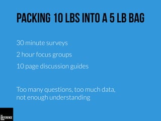 packing 10 lbs into a 5 lb bag
30 minute surveys
2 hour focus groups
10 page discussion guides
Too many questions, too muc...